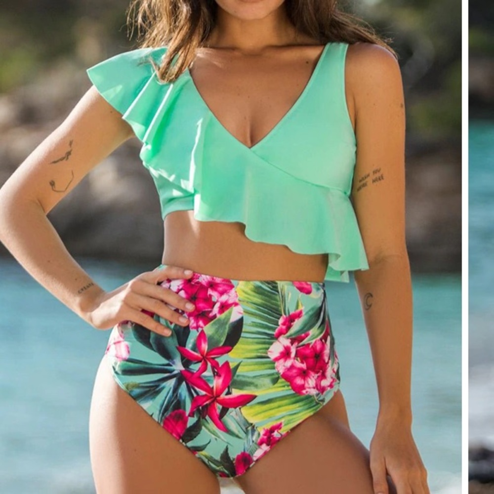 Popvil Flower printed ruffle high waisted tankini set